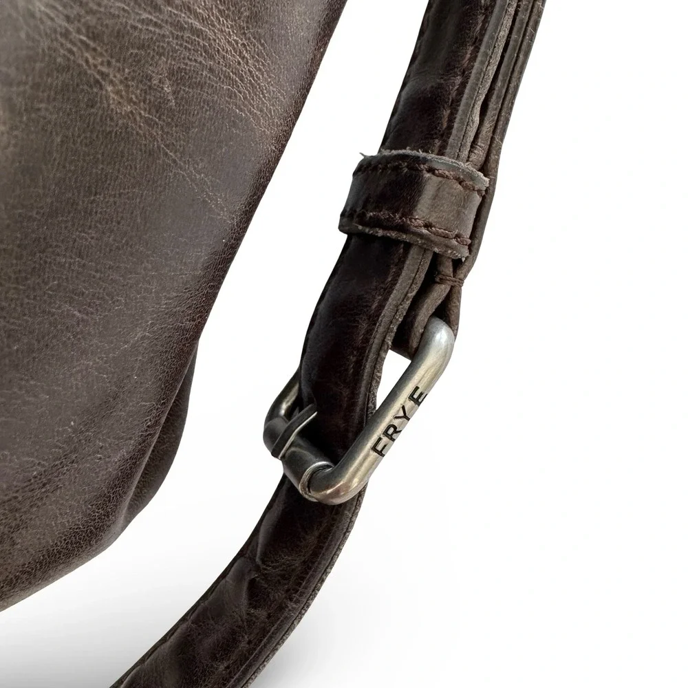 Frye Melissa Dark Brown Distressed Leather Hobo Crossbody Bag Antique Silver